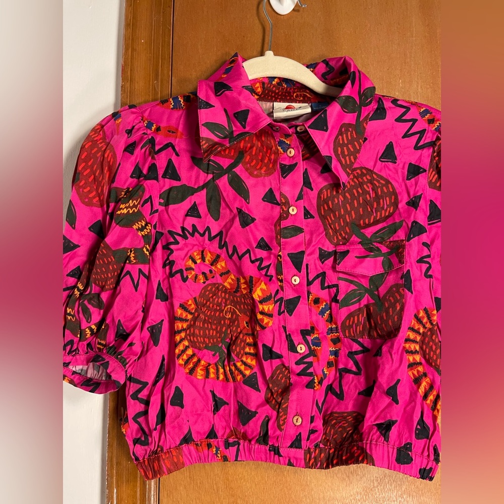 RARE🦄 FARM Rio x ANTHROPOLOGIE Pink💕Snakefruit🐍🍎Crop Top, S - Picture 7 of 16